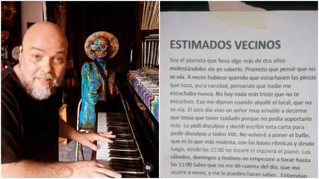 Velpister tocando el piano, a la izquierda, y la imagen de la carta remitida a los vecinos, a la derecha.