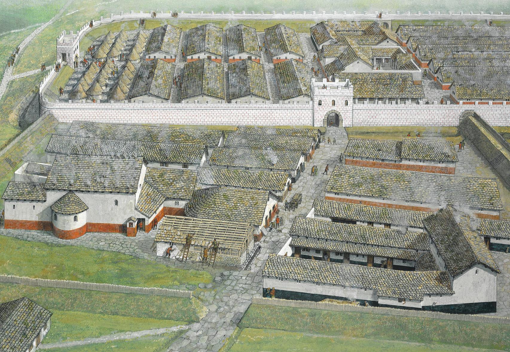 Recreación de Vindolanda hacia 200 d.C., con el 'vici' en primer plano.