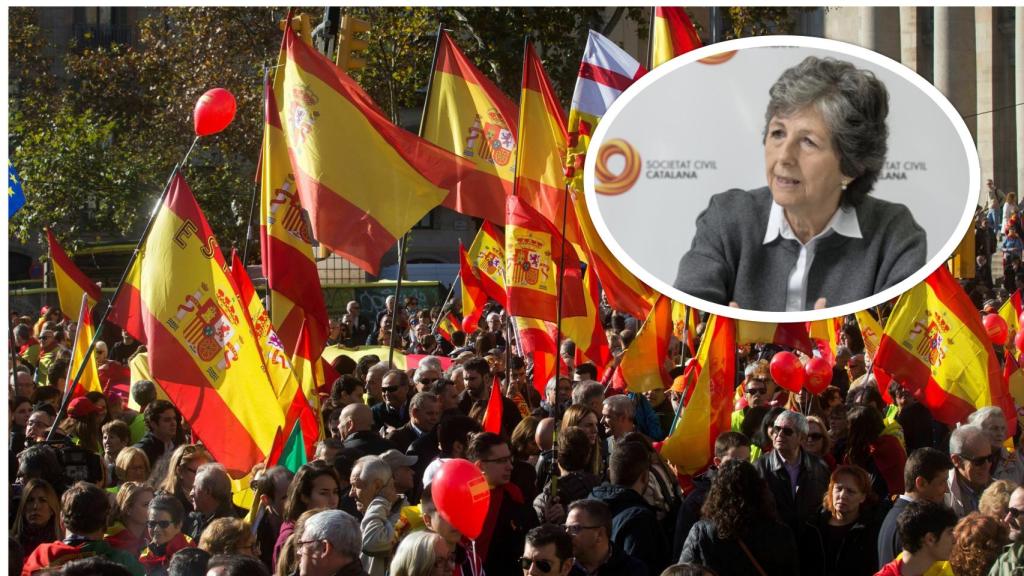 Imagen de una manifestación constitucionalista en Barcelona junto a Elda Mata, de SCC