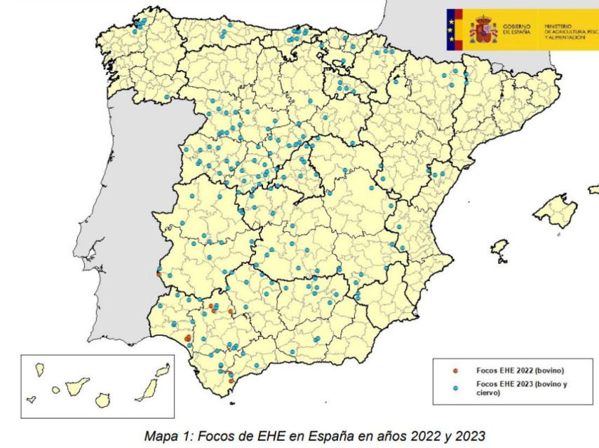 Mapa de los focos con EHE en España