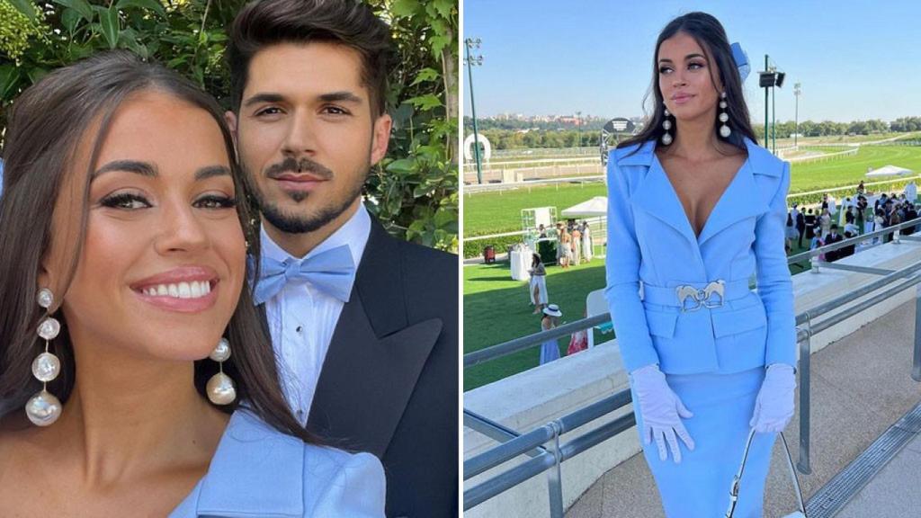Rocío Camacho, a la derecha, con el vestido de Baro Lucas y a la izquierda, con su novio