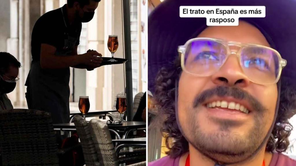 Imagen de archivo de un camarero sirviendo una mesa y captura del vídeo viral.