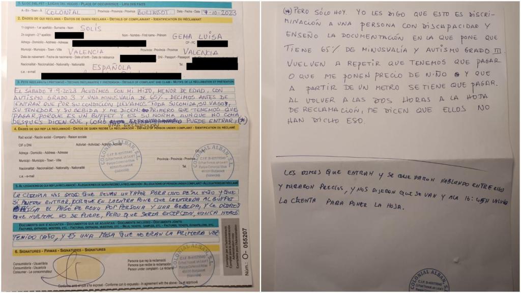 Anverso y reverso de la hoja de reclamaciones con la descripción de la situación.