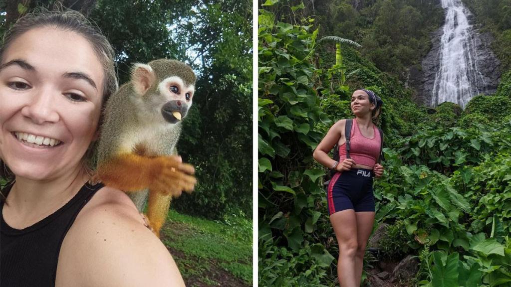 A la izquierda, Sara en Ilet la Mere en Guayana Francesa y a la derecha en Voile de la Mariée, Salazie