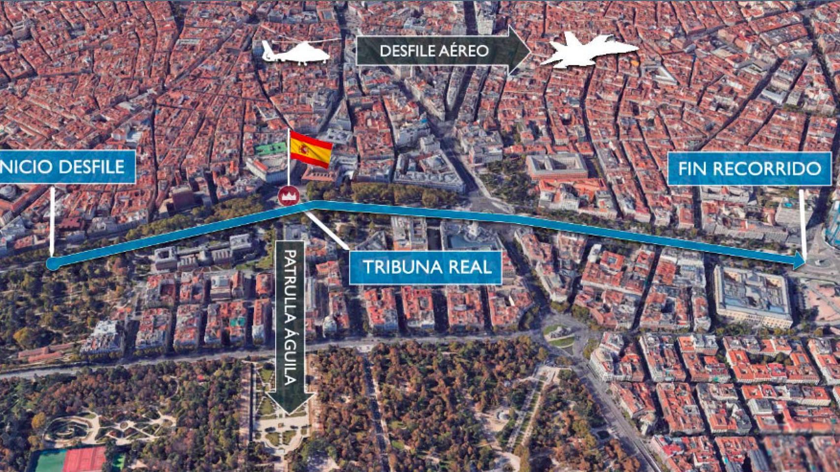 Nuevo recorrido del desfile del 12 de octubre en el Paseo del Prado (Madrid).