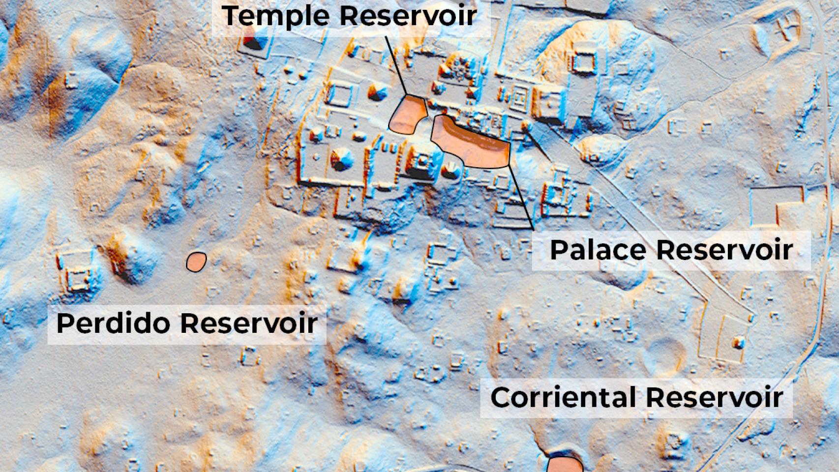 Mapa de la antigua ciudad de Tikal con algunos de sus embalses identificados con métodos de teledetección.