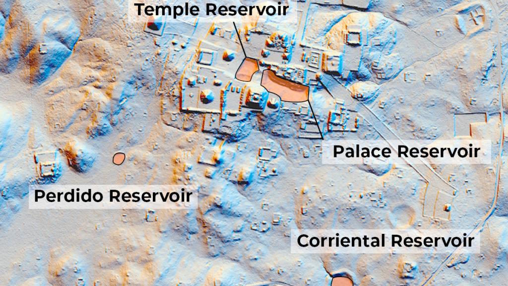 Mapa de la antigua ciudad de Tikal con algunos de sus embalses identificados con métodos de teledetección.