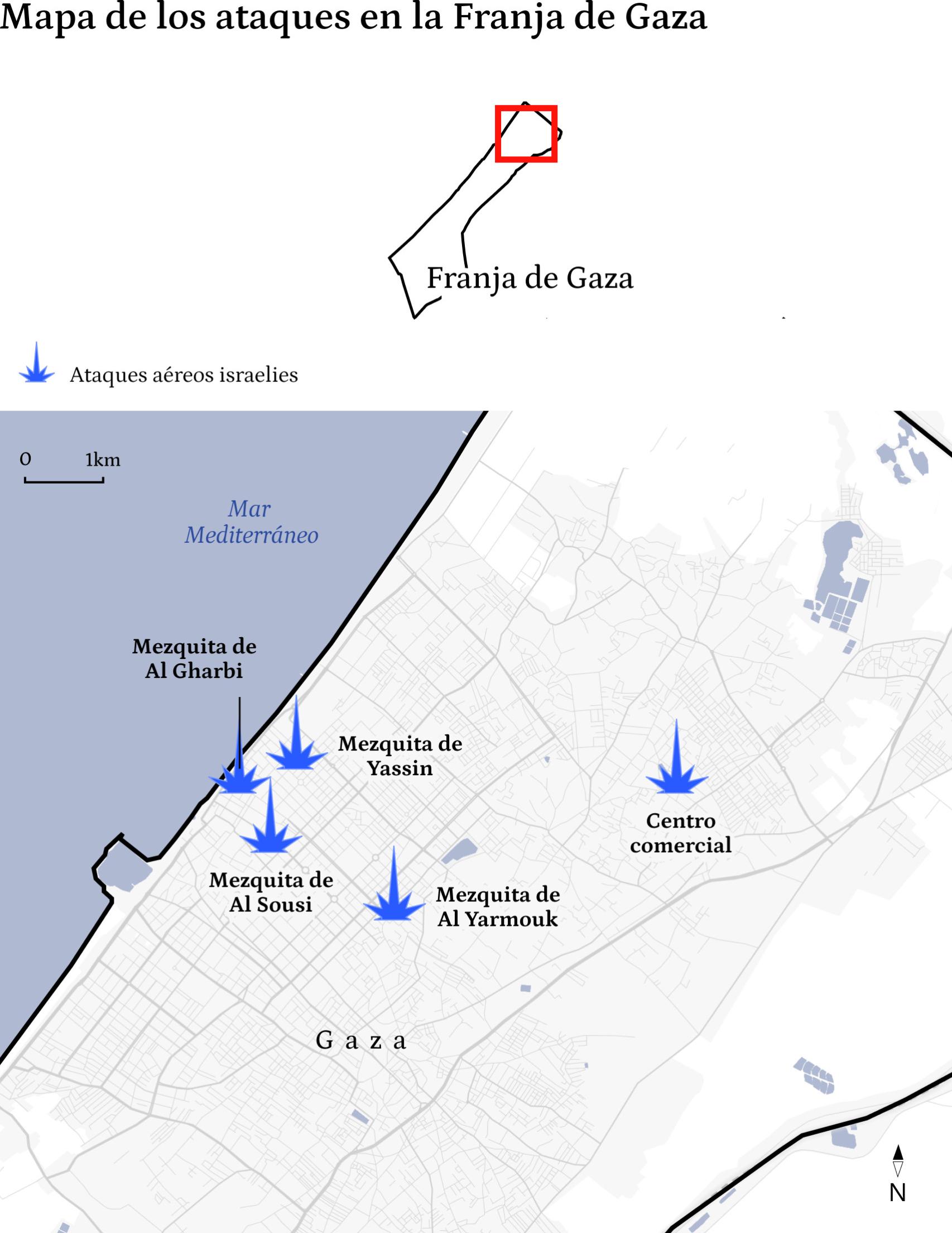 Mapa de los ataques el 9 de octubre en la parte norte de la Franja de Gaza. Fuente: NYT y elaboración propia.