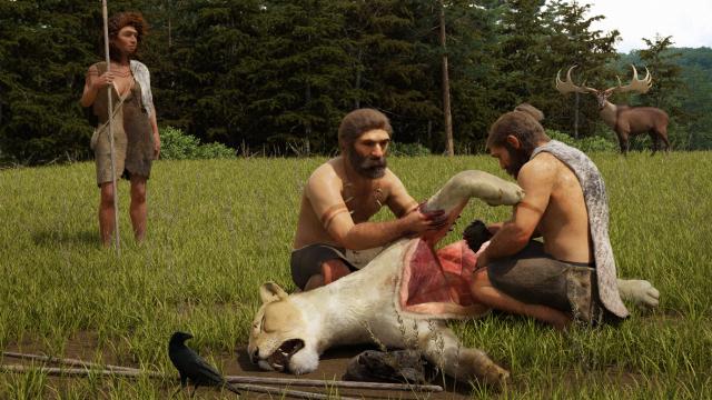 Un grupo de neandertales despiezando un león de las cavernas.