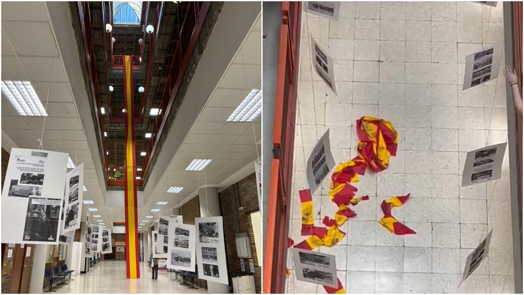A la izquierda, la bandera de España desplegada en Políticas; a la derecha, la enseña ya retirada y cortada en trozos.