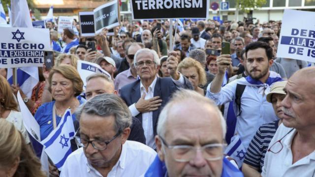 Concentración ante la embajada de Israel en España en rechazo al atentado de Hamás, esta semana en Madrid.