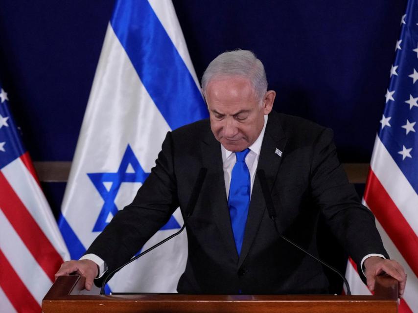 El primer ministro de Israel, Benjamin Netanyahu, en su conferencia de prensa con Anthony Blinken.