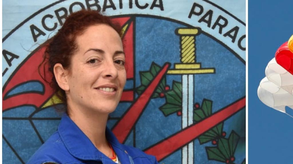 La cabo Carmen Gómez, la primera paracaidista mujer en saltar con la bandera de España el 12 de octubre.