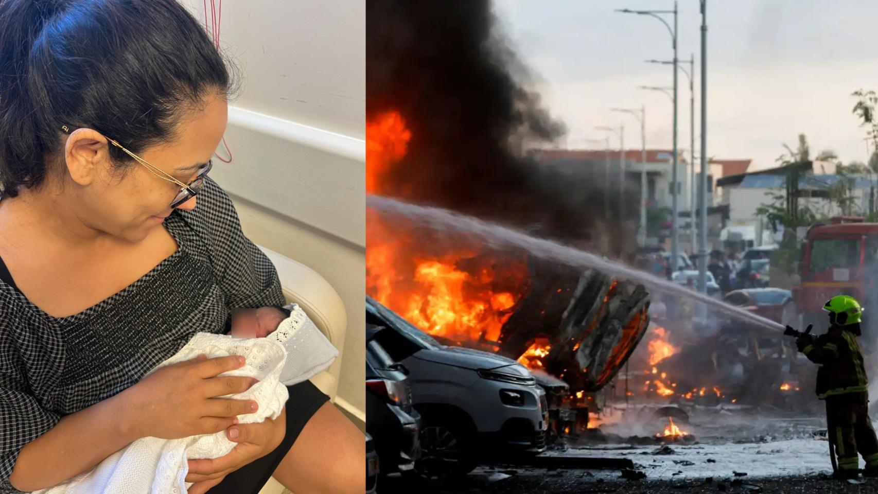 Yael junto a su hija y un bombero extinguiendo el fuego en Ashkelon.