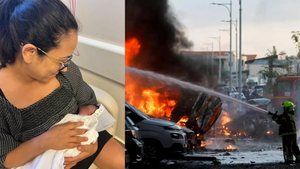 Yael junto a su hija y un bombero extinguiendo el fuego en Ashkelon.