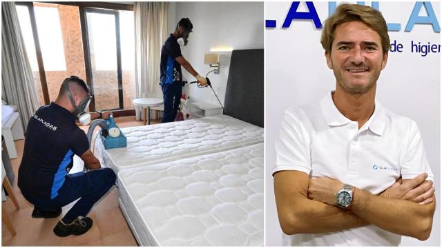 Fernando Carrillo (d) y dos operarios de su empresa, Islaplagas, desinsectando un hotel.