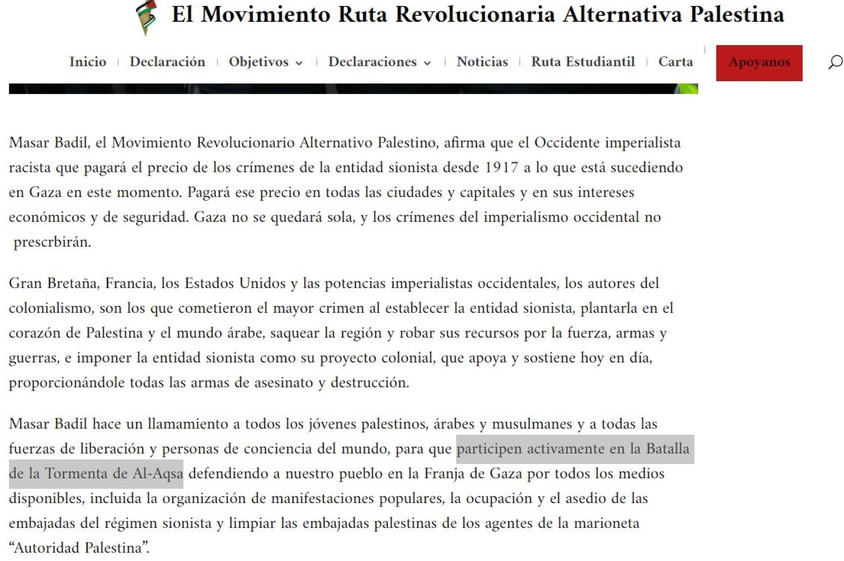 El comunicado difundido por Masar Badil (Movimiento Revolucionario Alternativo Palestino) el martes, tres días después de los atentados de Hamás en Israel.