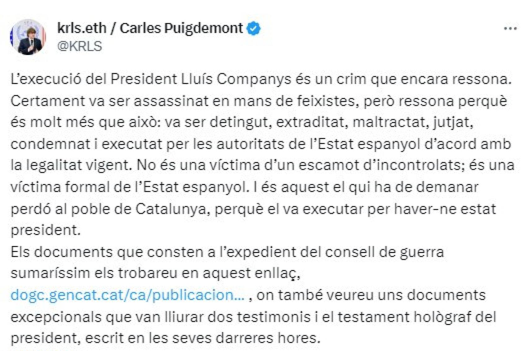 Tuit de Carles Puigdemont en X.