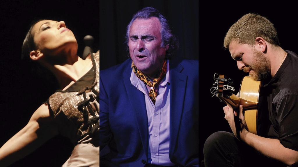 La bailarina Ana Morales (Foto: Jean-Louis Douzert), el cantaor José de la Tomasa (Martín Guerrero) y el guitarrista Alejandro Hurtado (Puy L'Eveque)