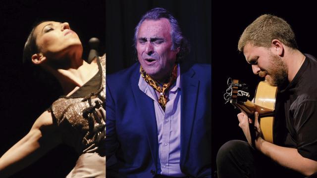 La bailarina Ana Morales (Foto: Jean-Louis Douzert), el cantaor José de la Tomasa (Martín Guerrero) y el guitarrista Alejandro Hurtado (Puy L'Eveque)