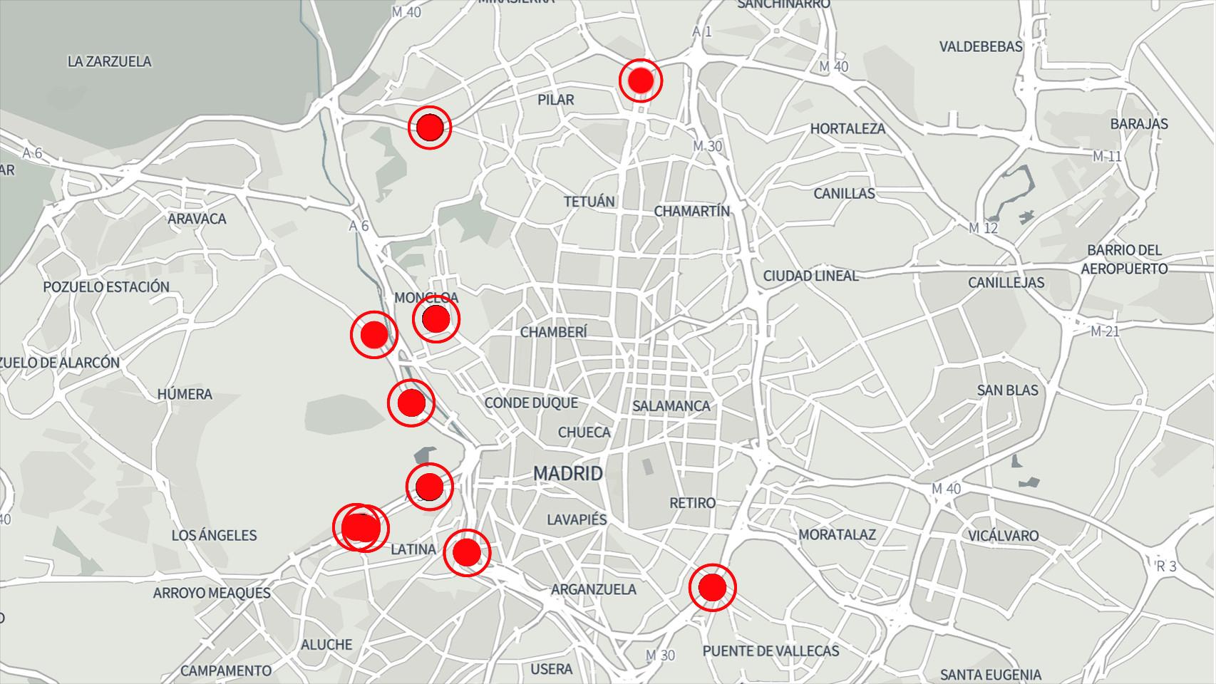 Los 10 radares de la ciudad de Madrid situados en el mapa de la capital.