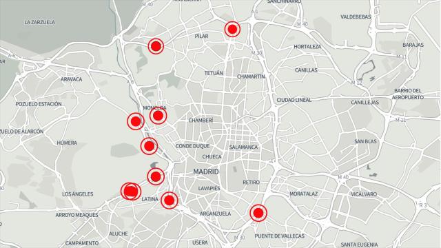 Los 10 radares de la ciudad de Madrid situados en el mapa de la capital.