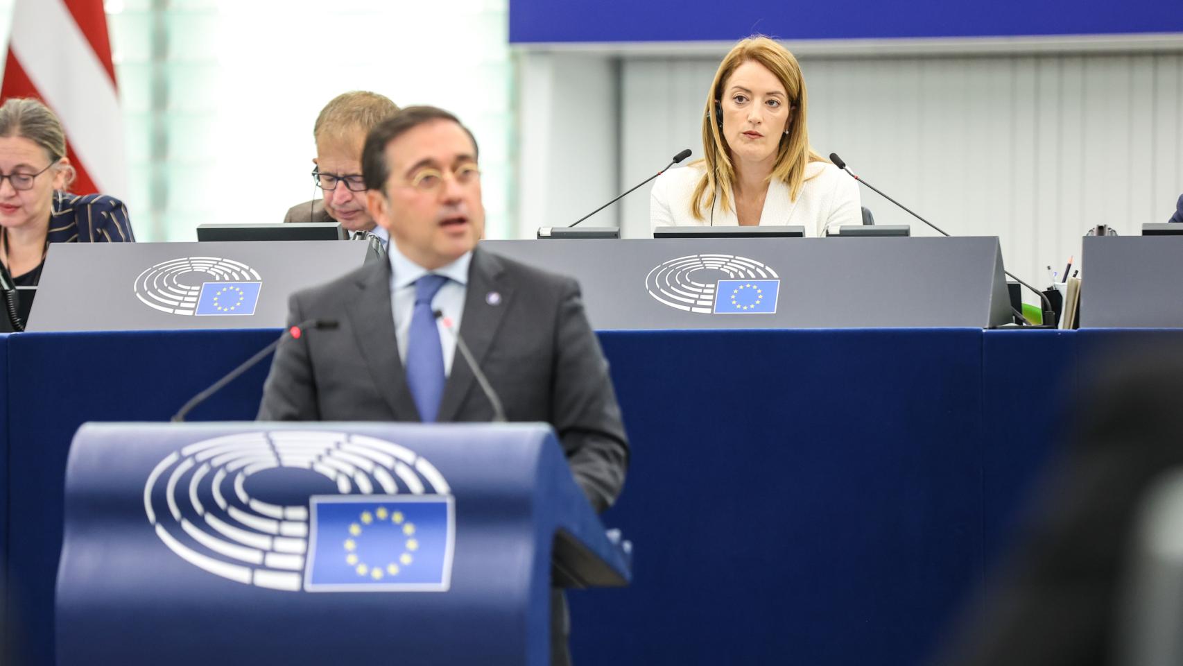 El ministro de Exteriores, José Manuel Albares, durante su discurso de este miércoles en la Eurocámara