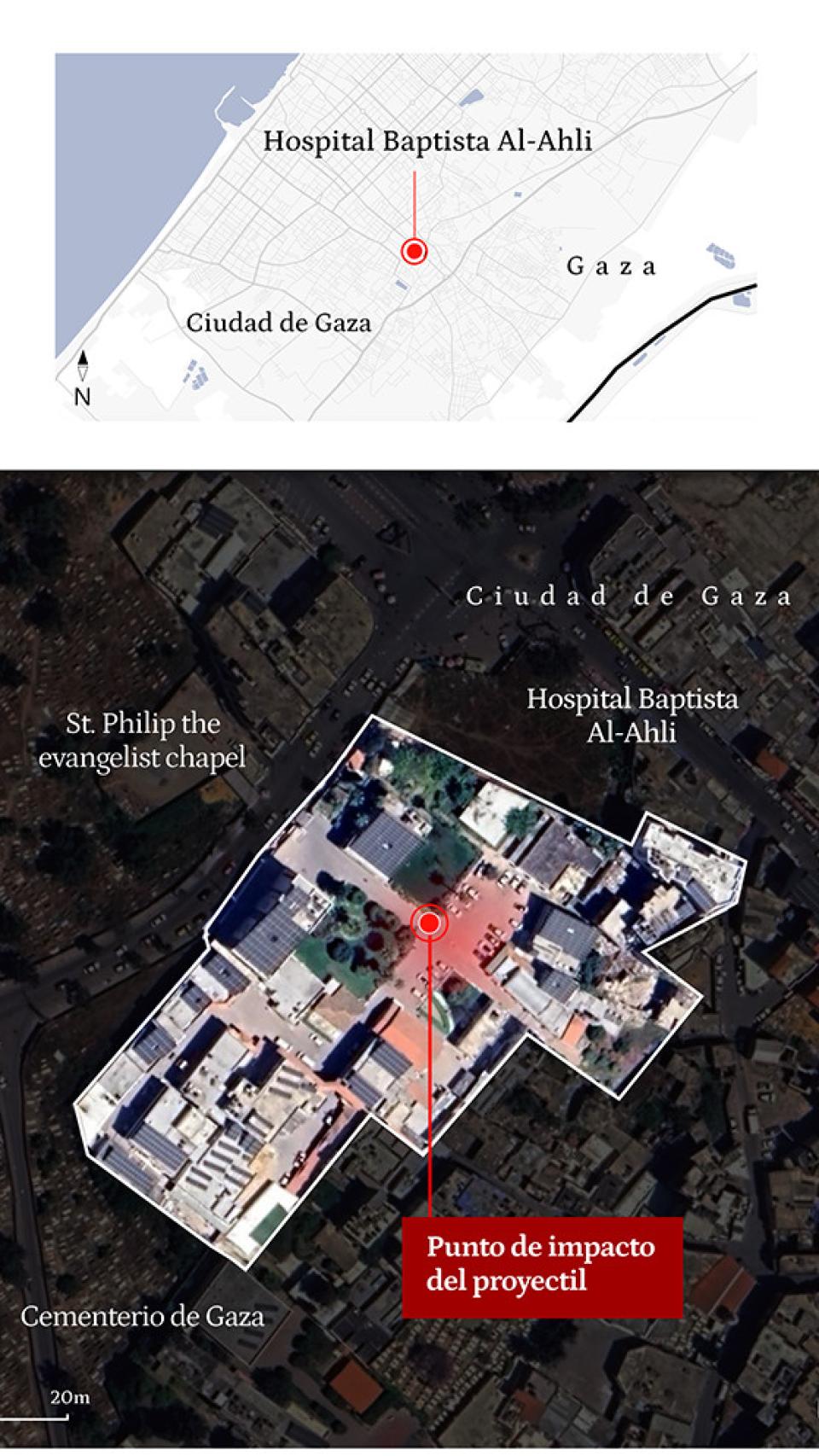 Mapa de la localización del Hospital Baptista Al-Ahli en la ciudad de Gaza. Fuente: Elaboración propia.