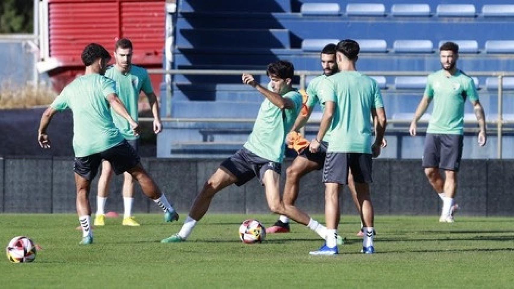 Los jugadores del Málaga CF se ejercitan durante un entrenamiento en la Federación Malagueña.