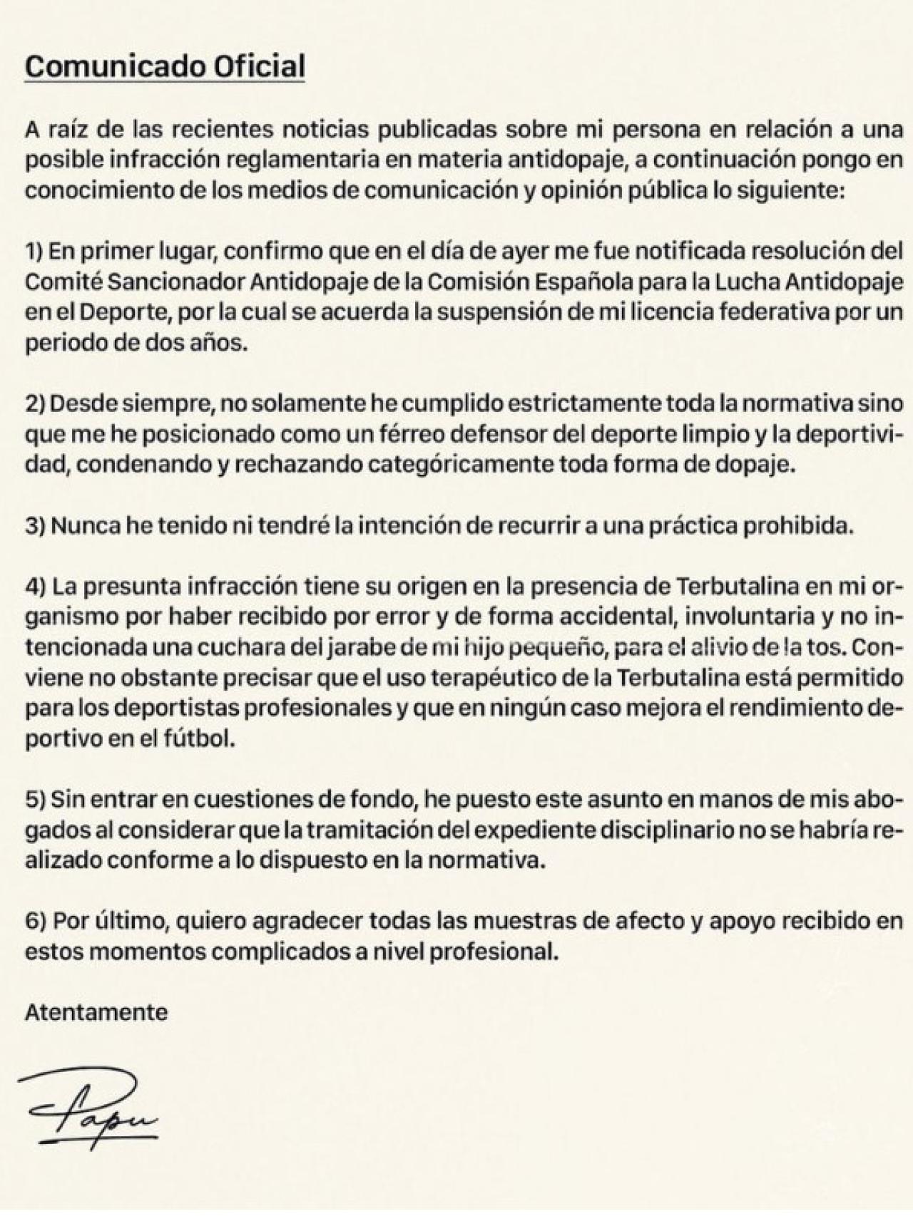 Comunicado del 'Papu' Gómez