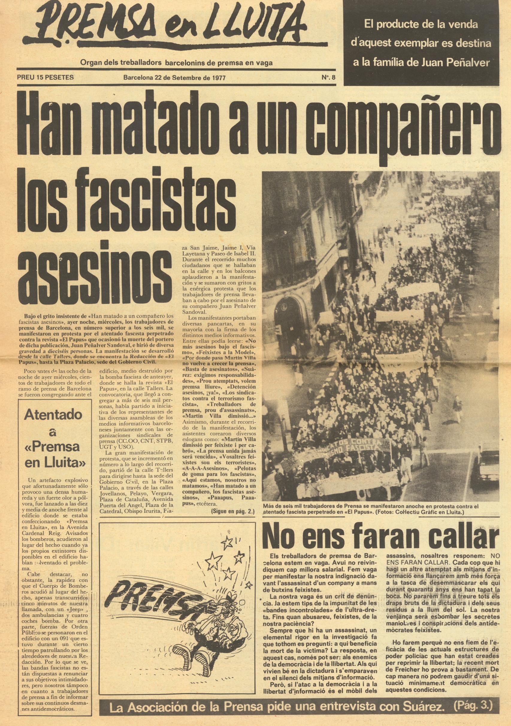 Portada de 'Premsa en Lluita' sobre el atentado mortal a El Papus. EE