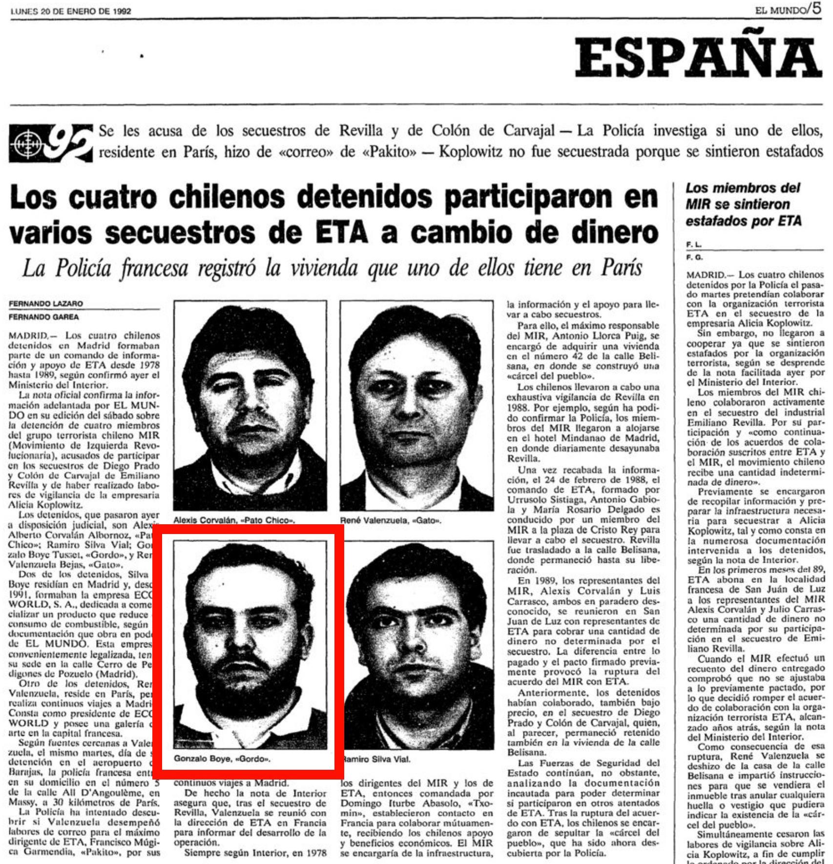 Una página de 'El Mundo' que informa de la detención de Gonzalo Boye, en 1992.