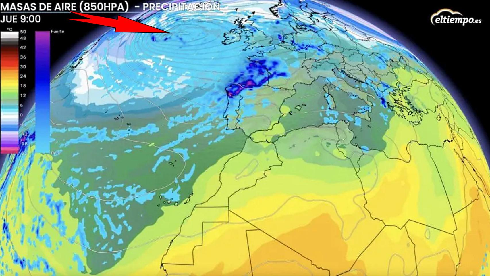La gran borrasca situada frente a las islas Británicas. ElTiempo.es.