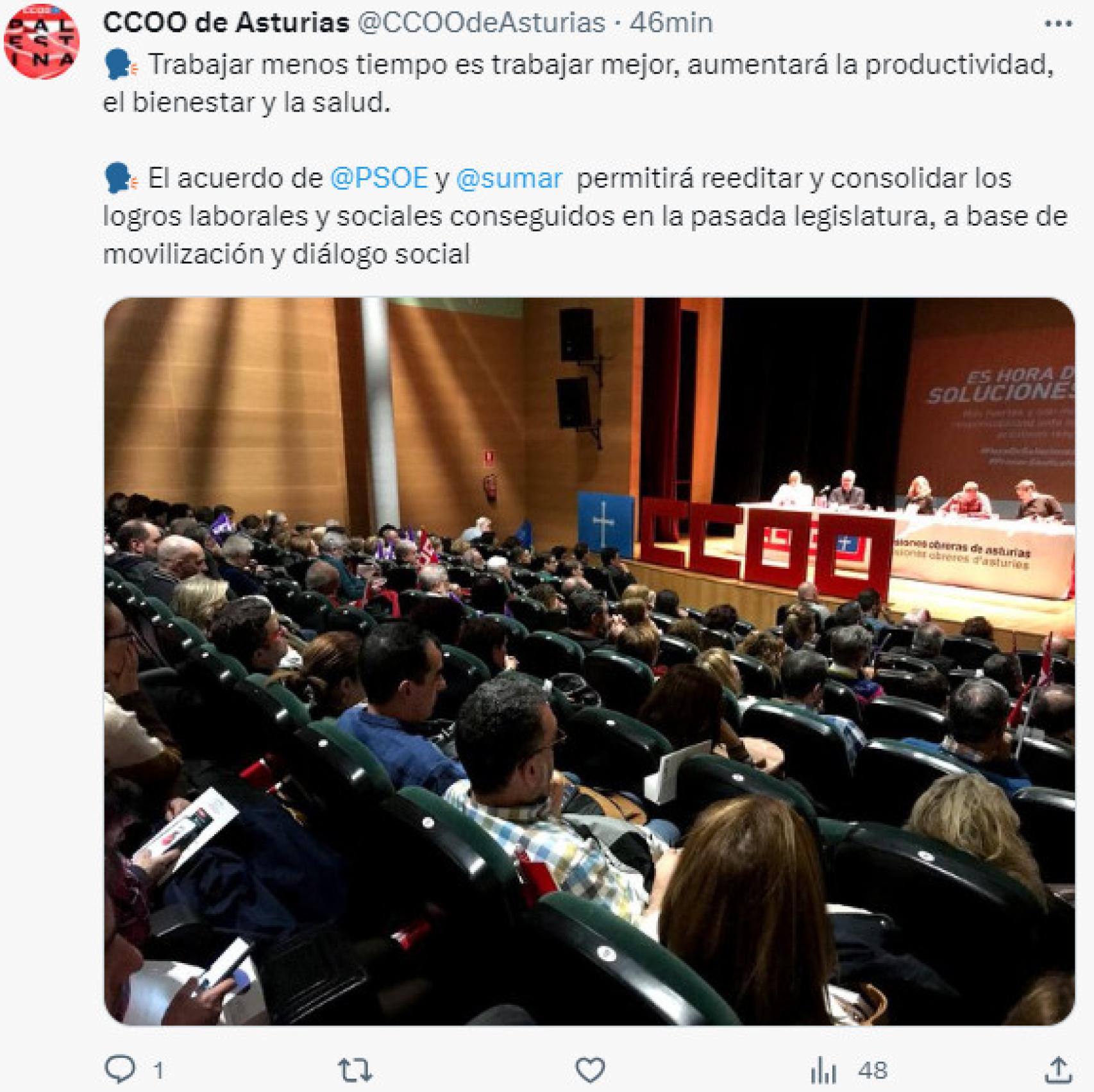 Tuit de Comisiones Obreras Asturias