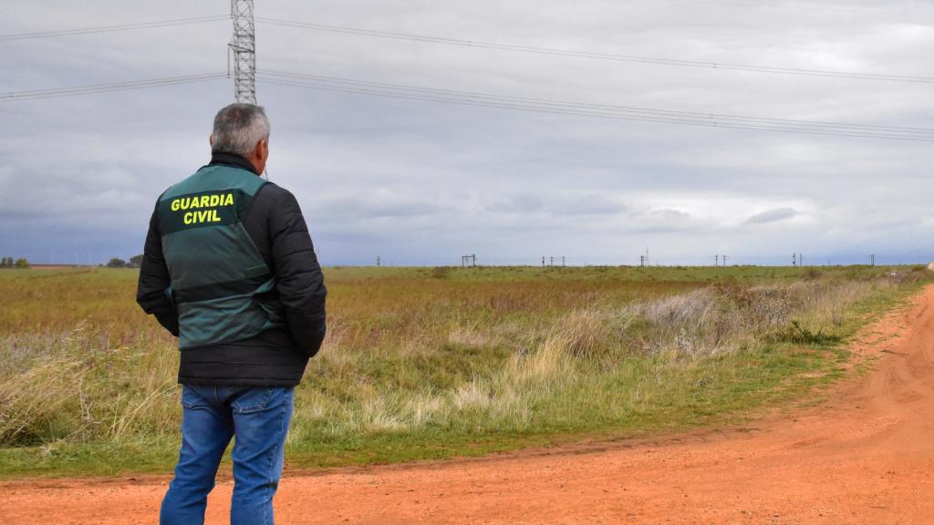 Un agente de la Guardia Civil observa el lugar donde Arancha fue atacada por cinco perros. Al fondo, la caravana del pastor, responsable de los animales