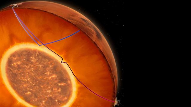 Representación del núcleo interno de Marte y las señales enviadas por la sonda InSight. IPGP / CNES / N. Starter