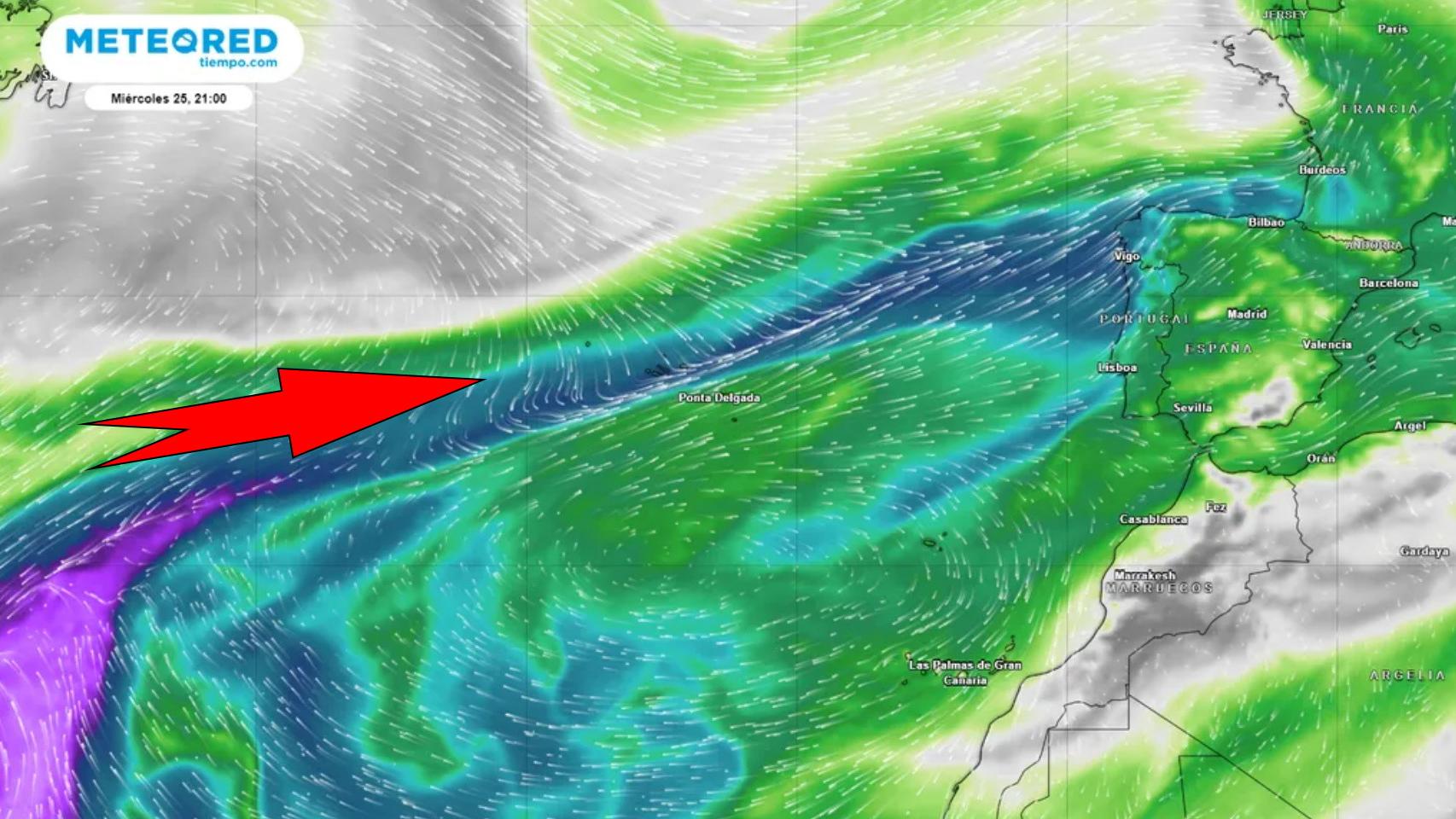 El río atmosférico que afecta a España con origen en el mar de los Sargazos. Meteored.