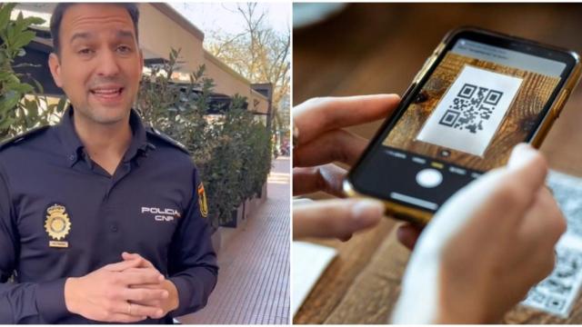Un Policía Nacional y una persona utilizando un código QR en imagen de archivo.