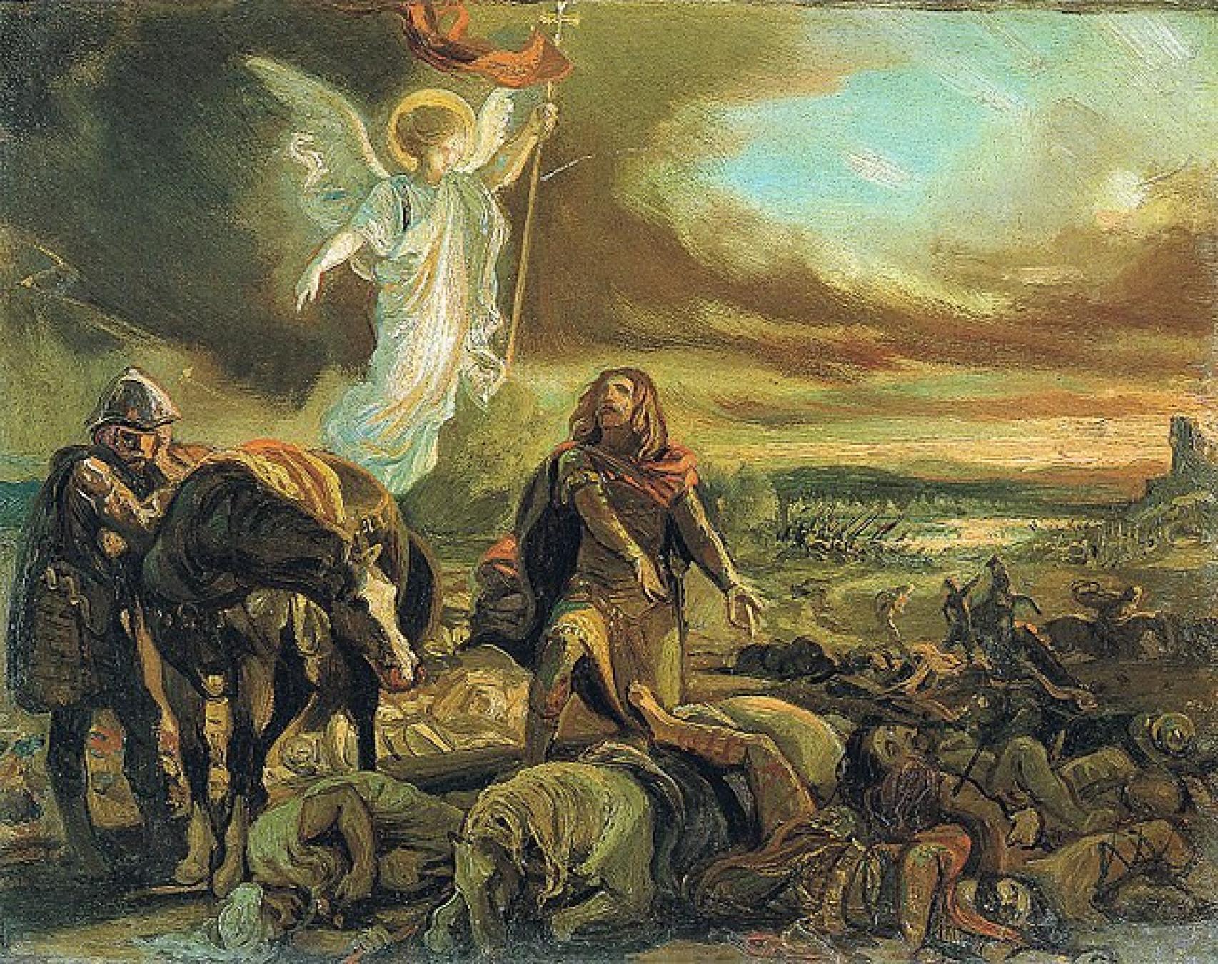'Don Pelayo reconoce a Don Rodrigo tras la batalla de Guadalete' 1840