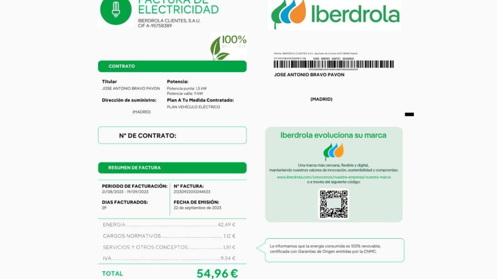 Factura de la luz de un usuario de coche eléctrico.