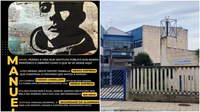 Cartel compartido por la madre del joven que falleció y la imagen del IES Julio Prieto Nespereira donde ocurrió el accidente.