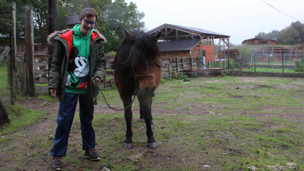 Una joven en horario escolar con otro de los caballos.