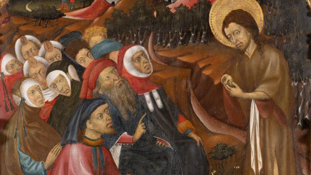 Bernat Martorell: detalle de 'Predicación de san Juan Bautista' (parte del Retablo de los Santos Juanes de Vinaixa, Lérida), h. 1450. Museu Nacional d'Art de Catalunya