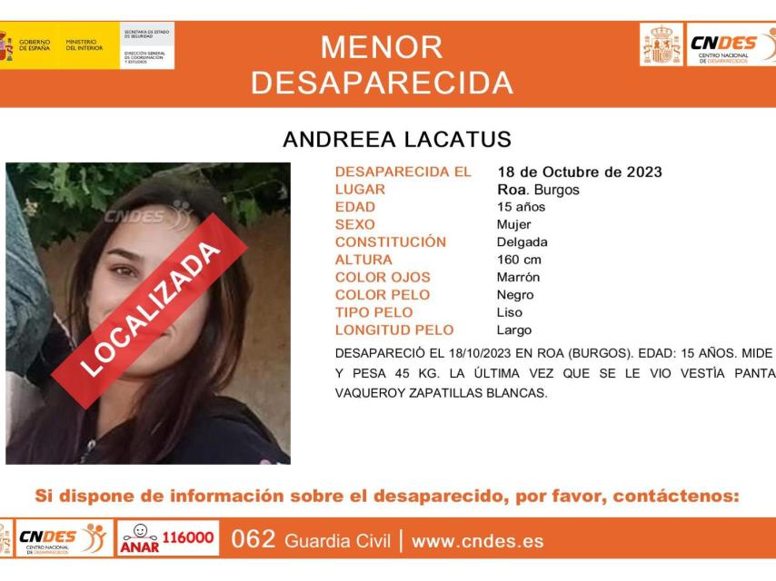 Cartel de menor localizada en Roa