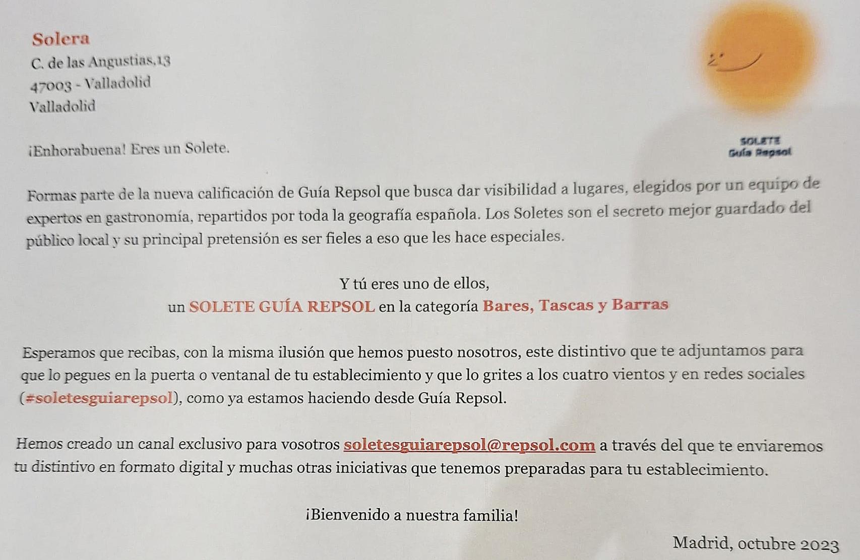 El distintivo del solete de la Guía Repsol