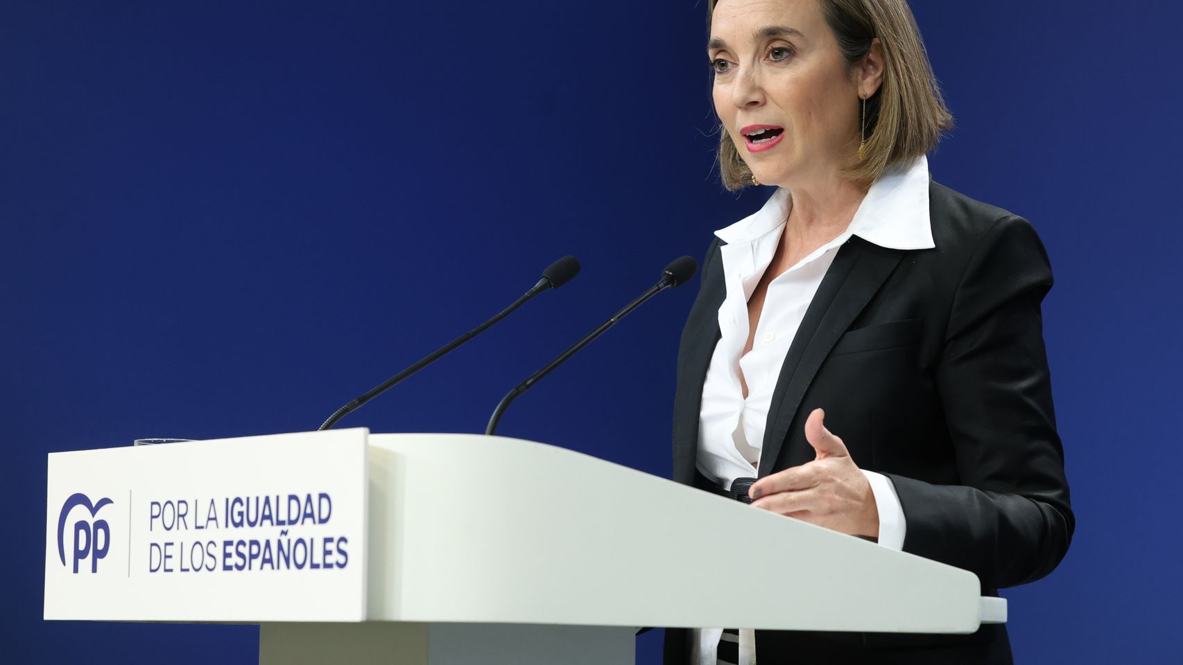 La secretaria general del PP, Cuca Gamarra, durante una rueda de prensa posterior a la reunión del Comité de Dirección del PP.