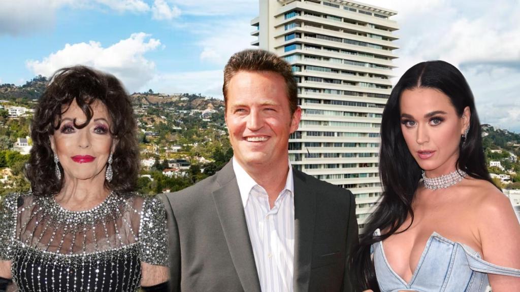 Joan Collins, Matthew Perry y Katy Perry con el edificio Sierra Towers al fondo en un fotomontaje de El Español.