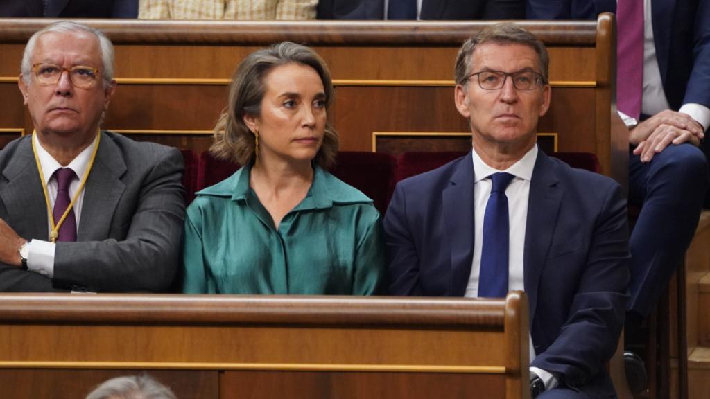 Feijóo y Cuca Gamarra, junto a los diputados del PP, este martes en el Congreso.