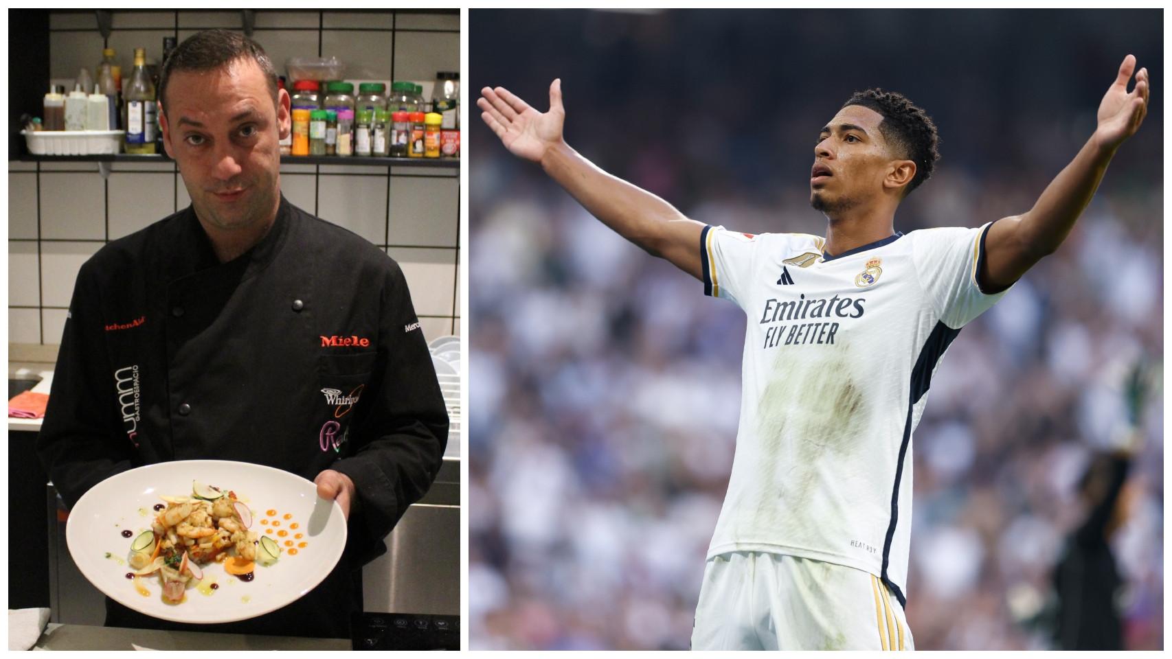 A la izquierda, el chef Alberto Mastromatteo, con su elaboración. A la derecha, Jude Bellingham, celebrando un gol.