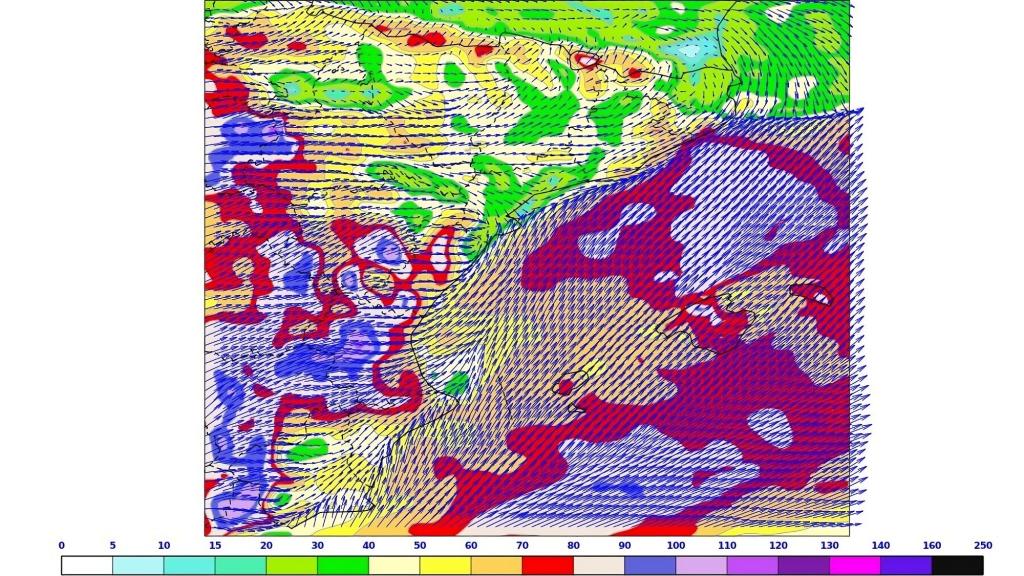 El mapa de las rachas de viento previstas para este jueves al mediodía.